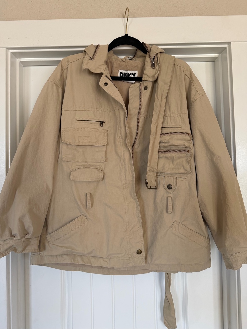 Vintage DKNY Jeans Tactical Utility Cargo Belted Jacket Tan Small Y2K Gorpcore